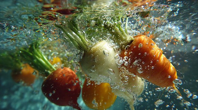 Colorful radishes and carrots are splashing into water, creating a lively scene filled with bubbles. The fresh produce showcases vibrant colors and textures as they interact with the water.