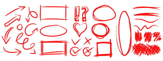 red soft oil brush, illustration hand drawn icons or elements set with circles frames, arrows, heart, check mark, textures and lines isolated on white 