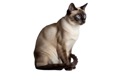 Elegant Siamese cat sitting isolated PNG, beautiful seal point feline with blue eyes on transparent background