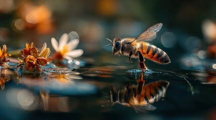 Bee on Water Surface with Flowers and Reflection in Nature
