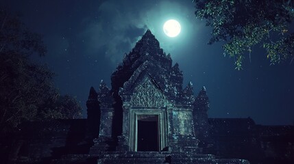 Mystical Temple Under the Moonlight - A Nighttime Architectural Wonder.