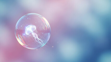 Abstract glowing jellyfish in clear sphere, pastel dreamscape art
