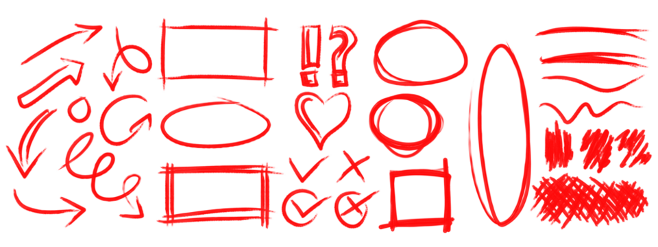 red soft oil brush, illustration hand drawn icons or elements set with circles frames, arrows, heart, check mark, textures and lines isolated on white 