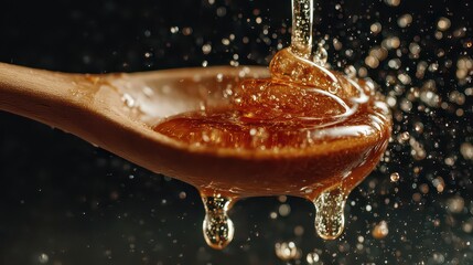 Drizzling Honey from Wooden Spoon with Glimmering Drops and Splashes