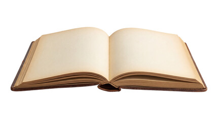 Open antique book with blank pages isolated PNG, vintage journal for writing or drawing on transparent background, old-fashioned stationery