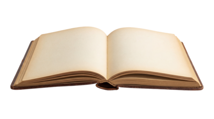 Open antique book with blank pages isolated PNG, vintage journal for writing or drawing on transparent background, old-fashioned stationery