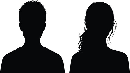 Human silhouettes, male and female, black outline, portrait style, minimal design, profile concept, identity, contrast, simplicity, vector art
