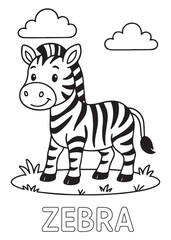 coloring book cheerful zebra standing on grass