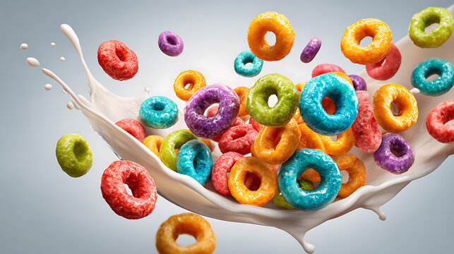 Brightly colored cereal rings are splashing into a pool of milk, creating a fun and energetic breakfast moment. The vibrant colors bring a cheerful atmosphere to the kitchen.