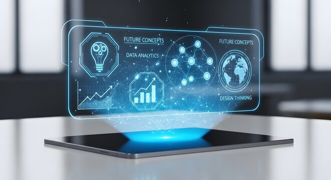 Blue holographic interface displays data analytics and global concepts on tablet
