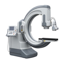 Modern c-arm x-ray fluoroscopy machine for medical procedures isolated on white background