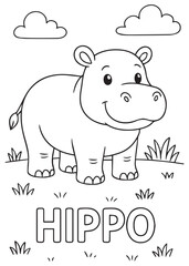 coloring book chubby hippo smiling in nature