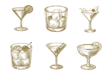 Beautiful hand drawn collection engraves isolated drink set illustration. Eps 10