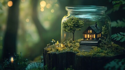 Enchanted Miniature House in a Jar Amidst a Mystical Forest.