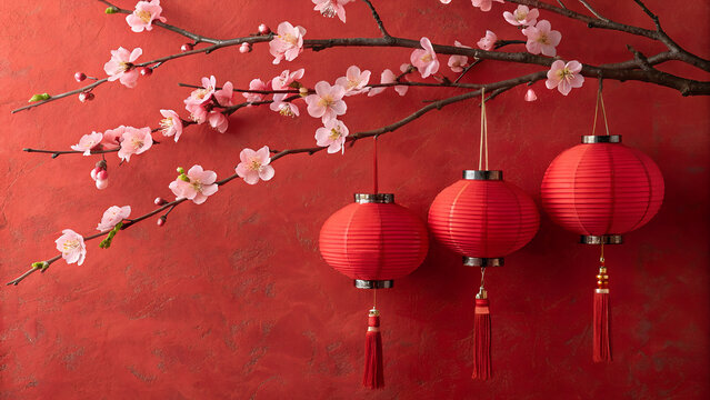 Red lanterns and paper fans with cherry blossoms create festive Chinese New Year decor - Powered by Adobe