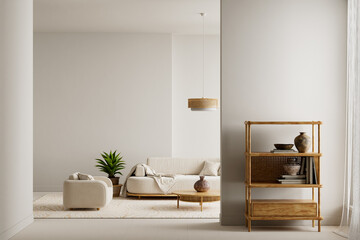 Neutral materials and warm textures define this soft interior, offering wide negative space that supports a peaceful layout and brings clarity to the light-filled and airy environment 3D illustration