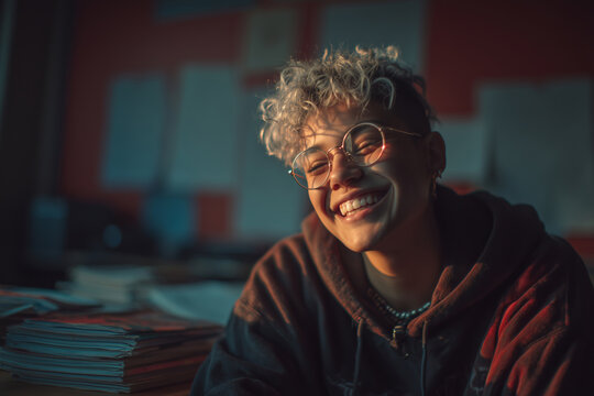 Latin student shares laughter during study session in cozy classroom