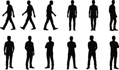 Human silhouettes, walking poses, standing figures, posture study, motion capture, black outline, character design, animation reference, minimal style