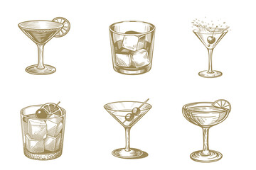 Beautiful Alcoholic cocktails hand drawn vector illustration. daiquiri, old fashioned, manhattan, martini, sidecar glass hand drawn engraving. Eps 10