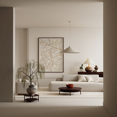 Bright Scandinavian living room with refined negative space, soft textiles, curved sofa and warm wooden details for modern neutral interior. 3D illustration