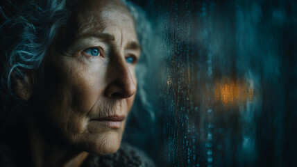 Elderly woman reflecting on life while gazing through a rainy window