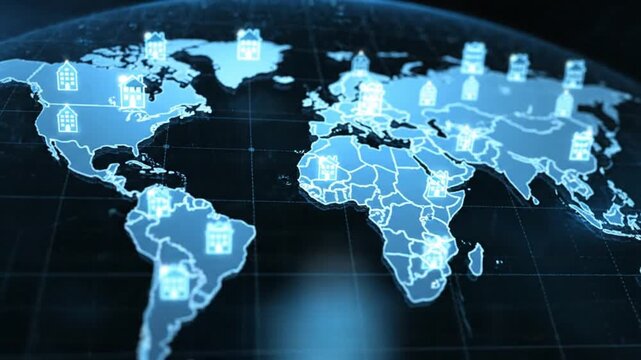 Worldwide real estate market map concept global property network visualization featuring interconnected building icons, denoting international housing investments and property locations