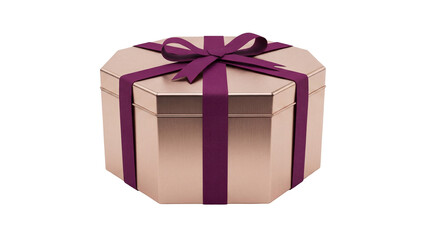 Elegant octagon gift box with purple ribbon isolated PNG, present for special occasions and holidays on transparent background