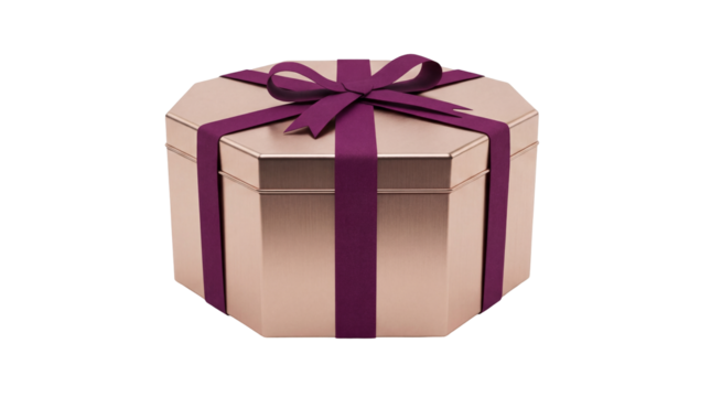Elegant octagon gift box with purple ribbon isolated PNG, present for special occasions and holidays on transparent background