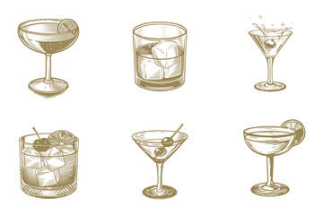 Vintage old fashioned, Manhattan, martini, daiquiri, collection vector illustration. Scotch, brandy or liquor alcohol drinks. Bar menu design elements. Eps 10