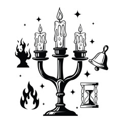 Black and white occult illustration featuring a candelabrum with dripping wax, hourglass, and bell