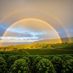 Fototapeta premium Rainbow Over Coffee Plantation Landscape.
