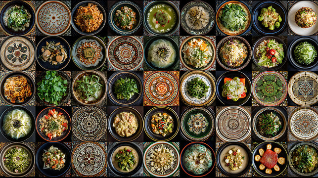 A variety of dishes is artfully arranged on intricately patterned plates. Each plate offers a unique mixture of ingredients, displaying culinary creativity and vibrant presentation.