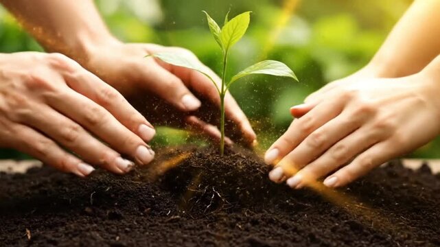 Multiple hands carefully planting a delicate seedling into rich, dark soil, signifying collaborative efforts for new life, environmental growth, and a sustainable future