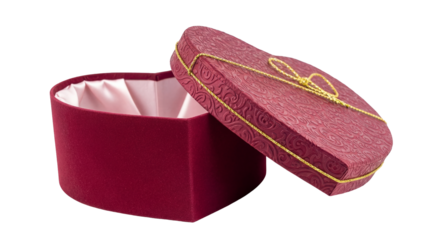 Open heart-shaped gift box PNG isolated, red velvet container with golden ribbon for romantic presents and special occasions