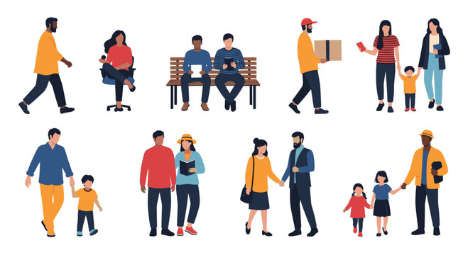 A diverse group of people, including families, workers, and individuals, engaging in various everyday activities.