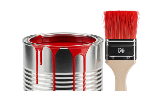 Paint can with red paint and brush PNG isolated on transparent background, painting equipment for home improvement and creative projects