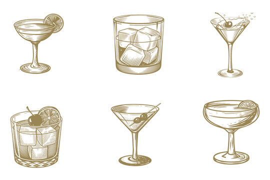 Alcoholic cocktails hand drawn vector illustration. Whiskey bottles and glass, vector sketch. Scotch, brandy or liquor alcohol drinks. Eps 10