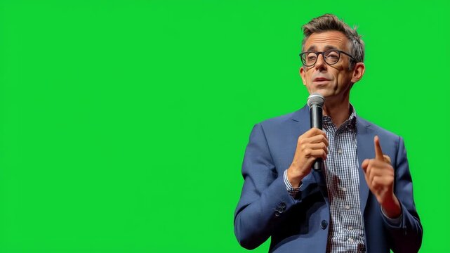Man, seminar and speaker with microphone at business event on empty green screen. Ai governance. Data science, convention or conference for training, accountability and learning about future of intern