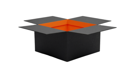 Open black cardboard box PNG isolated on transparent background, container for shipping and storage, packaging material