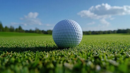 Fototapeta premium Golf ball mid-air from low angle, blue sky background