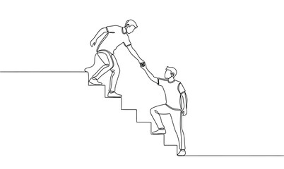 One Continuous Line Drawing of Man Helping Man Climb Stairs. Partnership, Business Support, Mentorship, and Climbing Career Ladder Concept.