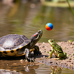 Obraz premium Turtle and Frog Playing with Colorful Ball Near Pond in Natural Outdoor Setting