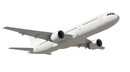 Modern white passenger airplane isolated PNG on transparent background, commercial aviation aircraft for travel and transportation