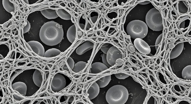 Close Up Scanning Electron Microscope Image of Erythrocytes Red Blood Cells Trapped Within Fibrin Network During Blood Clot Formation for Medical Research and Hematology Analysis