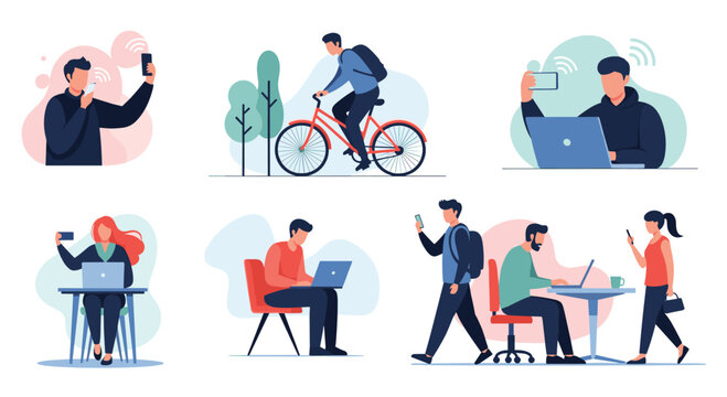 Modern lifestyle concepts featuring people working, communicating, and commuting, highlighting the integration of digital technology in daily routines.