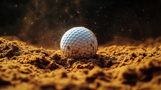 Golf ball surrounded by sand particles, bunker low angle