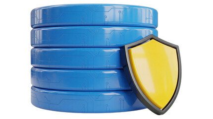 Blue database stack with golden shield isolated PNG, data protection and cybersecurity concept for digital safety and information security