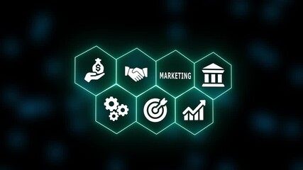 A high-tech neon hexagon interface filled with icons symbolizing targeting, communication strategy, promotional planning, and digital marketing execution. - Powered by Adobe