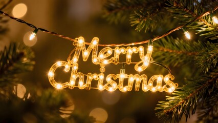 Captures a string of warm, glowing neon lights forming the words Happy New Year! against a dark, blurred background. close-up