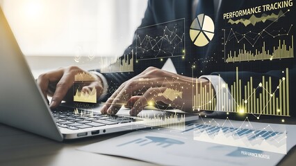 Businessman analyzing financial data on laptop with holographic charts and graphs overlay for strategic planning